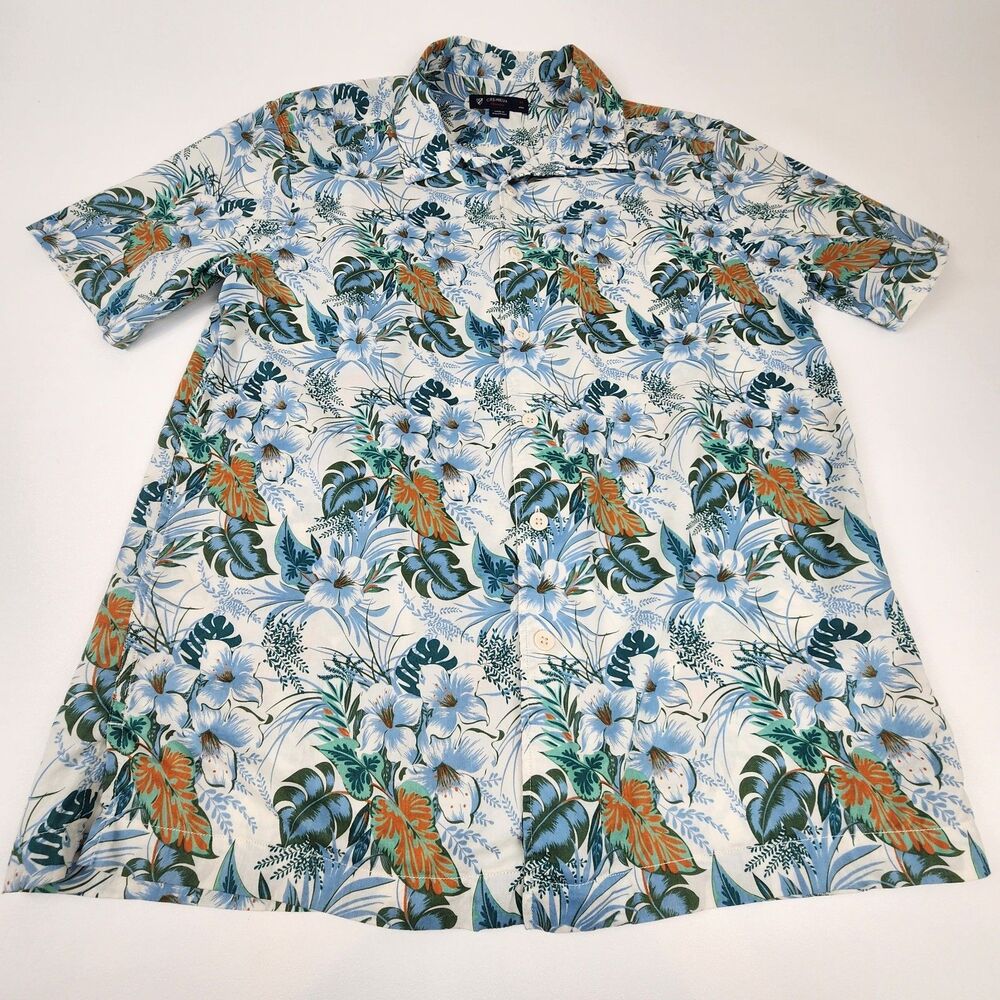 Cremieux Classics Men's Medium Hawaiian Camp Shirt Blue Tropical Floral Coton